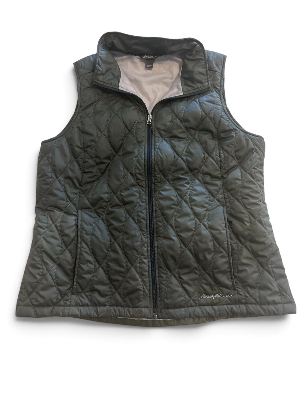 VTG Eddie Bauer Diamond Quilted Vest Zip Pockets Cabincore Olive Size XL